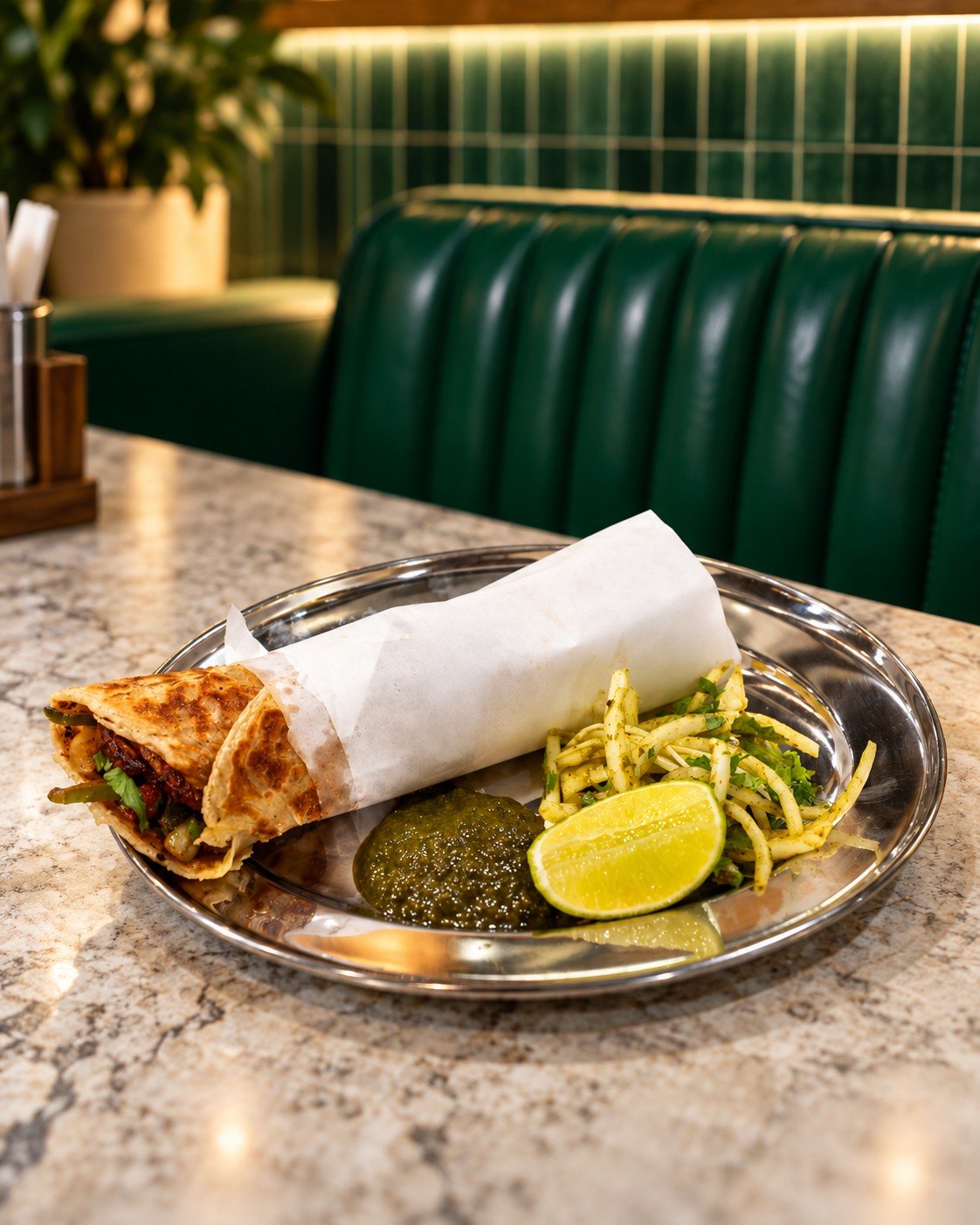 Tawa Kathi Roll Served with Chutney and Fresh Salad